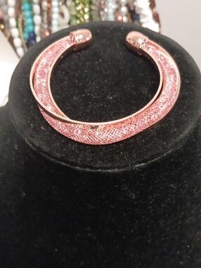 Sparkly Pink Austrian Crystal Infinity Cuff Bracelet in Rosetone (Size 7.00 In)